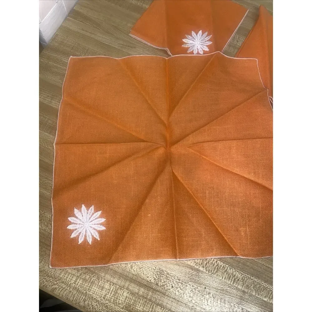 Set Of Four Vintage Orange Cocktail Napkins Linen White Flower Appliqué